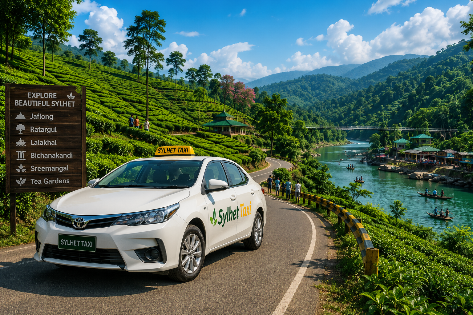 Sylhet Taxi travelling through green tea gardens in Sylhet